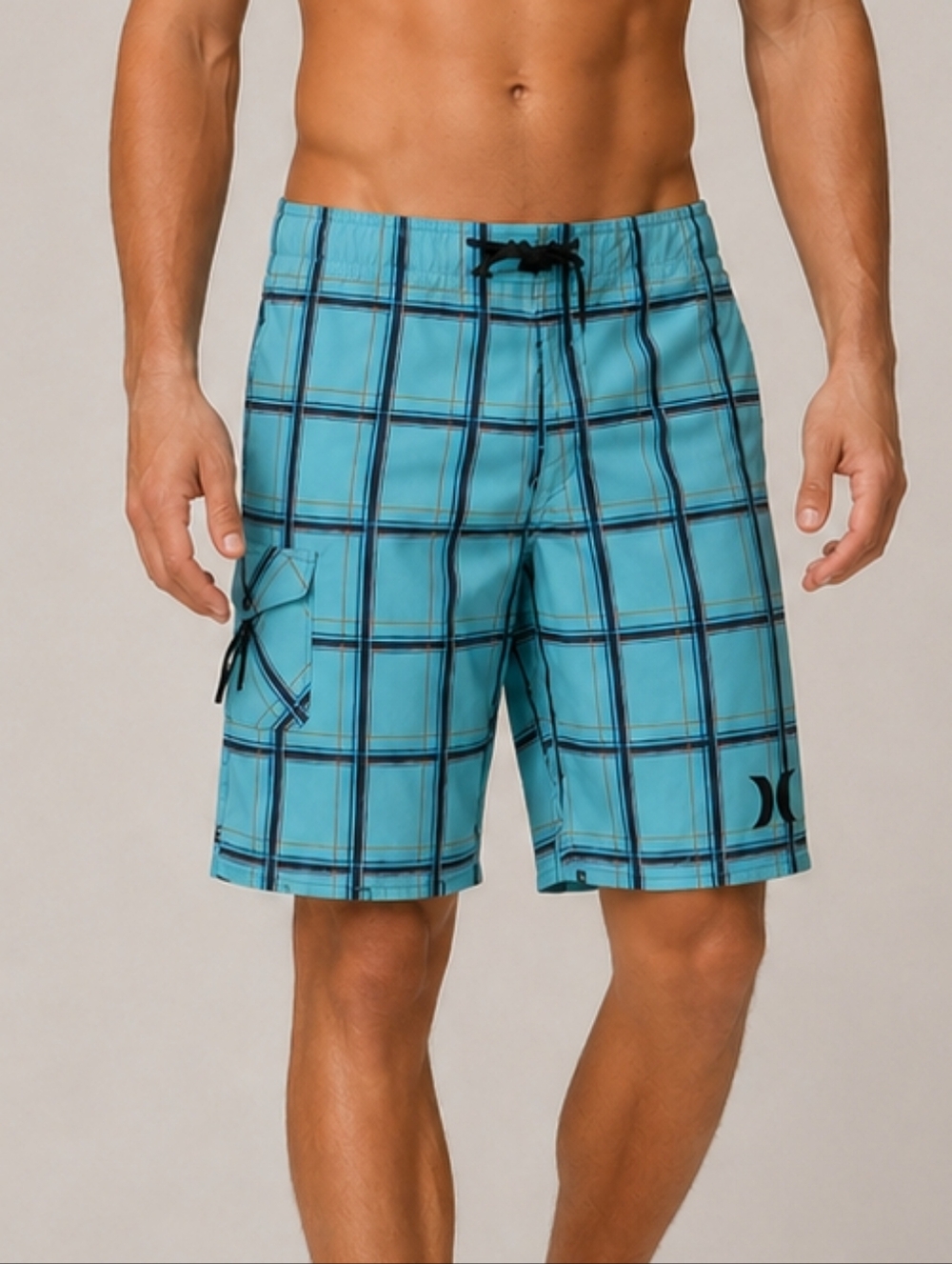 Hurley Puerto Rico Boardshorts Aqua Blue Plaid Mens Size 34 Surf Swim Beachwear